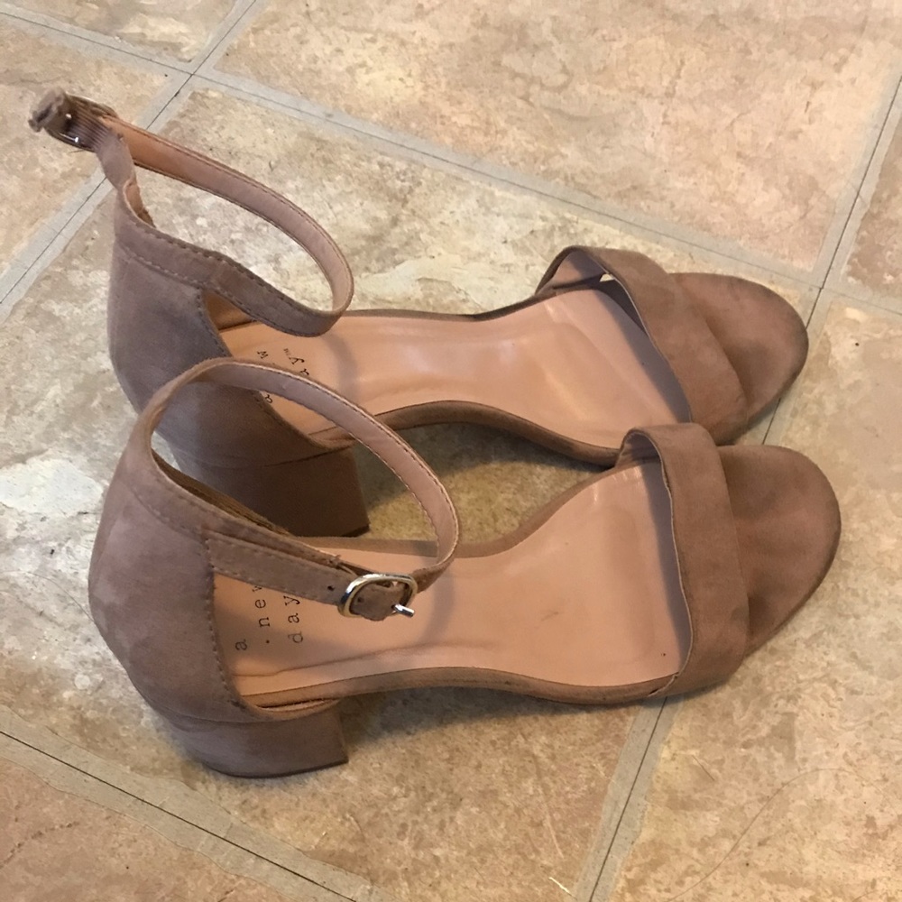 Suede nude ankle strap block heels